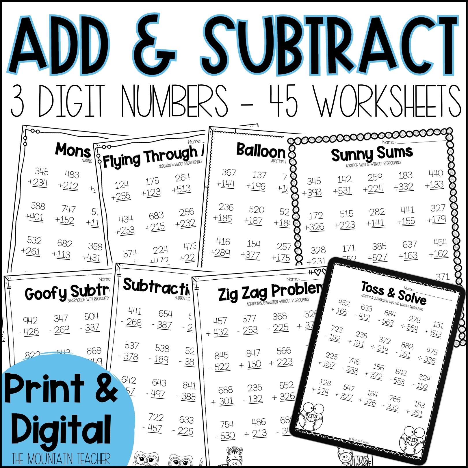 3 Digit Addition And Subtraction Worksheets With And Without Regrouping 