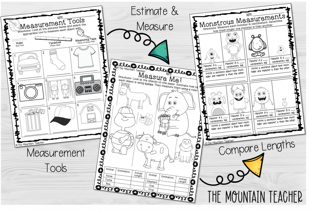 measurement sequence for 2nd grade students - tools, estimate, measure, compare lengths worksheets
