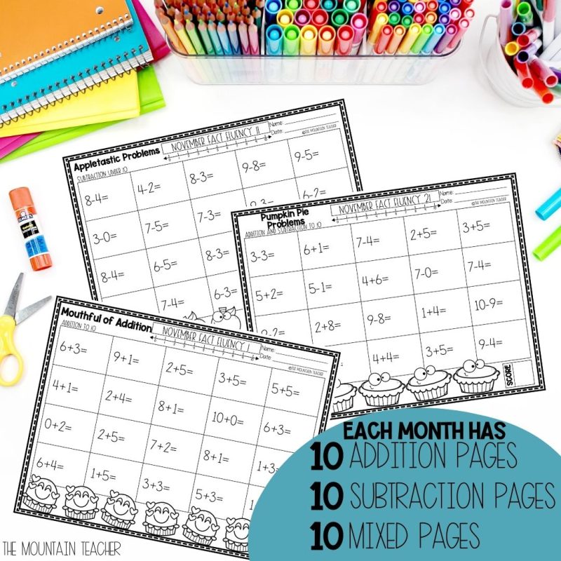 Addition and Subtraction Within 10 Worksheets YEAR LONG Daily Math Fact Fluency - 10 addition pages, 10 subtraction pages, 10 mixed add and subtract pages