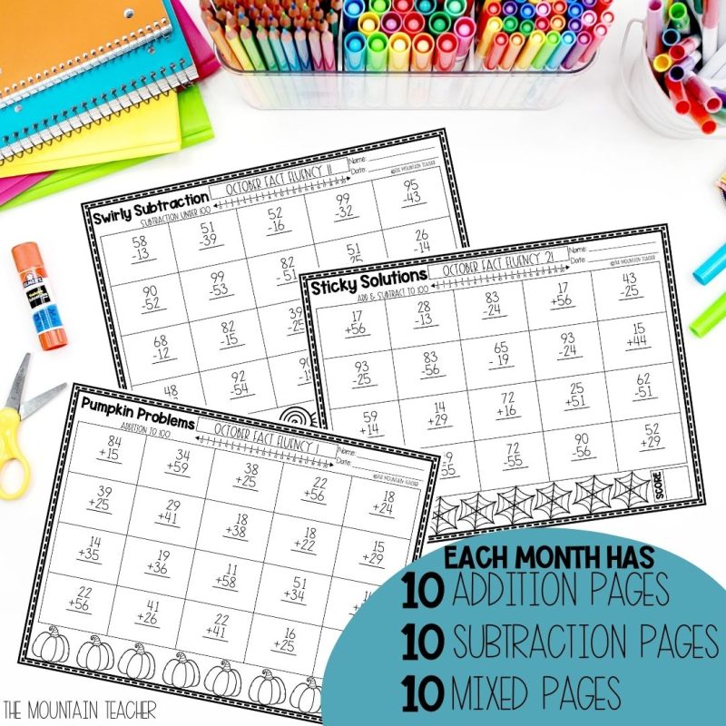 2 Digit Addition and Subtraction with Regrouping Worksheets YEAR BUNDLE - 10 addition, 10 subtraction and 10 mixed adding and subtracting worksheets with and without regrouping
