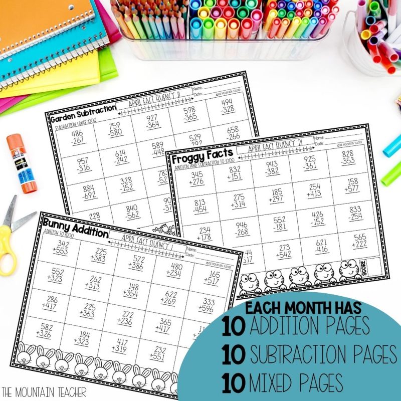 3 Digit Addition and Subtraction with Regrouping Worksheets YEAR BUNDLE - 10 adding, 10 subtracting and 10 addition and subtraction pages with and without regrouping