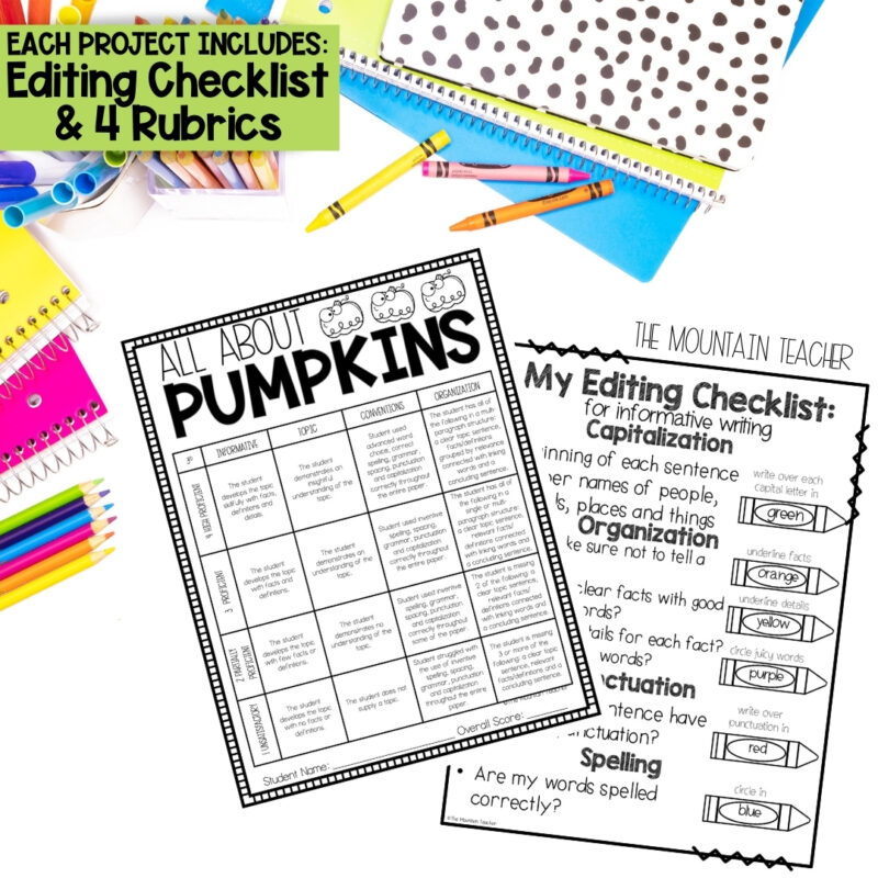 Year Long Writing Curriculum and Crafts for Narrative, Informative and Opinion Differentiated Writing rubrics and editing checklists for kindergarten, 1st, 2nd or 3rd grade
