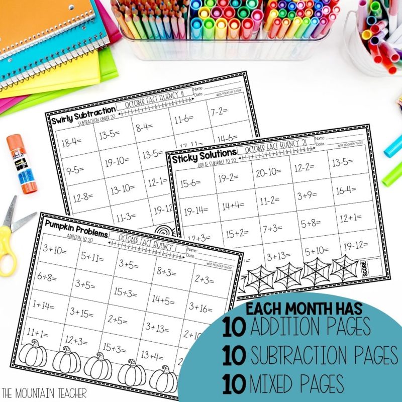 Adding and Subtracting Up To 20 Worksheets | Daily Math Fact Fluency YEAR LONG - 10 addition pages, 10 subtraction pages and 10 mixed adding and subtracting pages