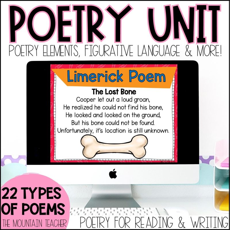 Digital Elements of Poetry Unit - Writing Poems & Figurative Language Activities - 4 Weeks of Vocabulary, 24 Poems for Fluency Practice and Comprehension, Poetry Writing Book, 8 Figurative Language Anchor Charts and 14 Types of Poems, DIGITAL VERSION