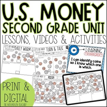 US Money Unit including Counting Coins Worksheets and Money Word Problems - Get students counting coins fluently with this NO PREP 2nd grade US money unit. Students will practice counting coins (quarters, dimes, nickels and pennies) and money word problems through these sequential US money worksheets and activities. This 3 week money unit includes 15 days of lesson plans, anchor charts, warm ups, turn and talks, worksheets, activities, and assessments.