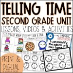 Telling Time Worksheets 2nd Grade Math Unit for Time to 5 Minutes & Elapsed Time - Get students telling time to 5 minutes and elapsed time with this NO PREP 2nd grade telling time unit. Students will practice reading clocks to the hour, half hour, and quarter hour, telling time to 5 minutes, AM vs PM, then will practice elapsed time and more activities through these sequential telling time math worksheets and activities.