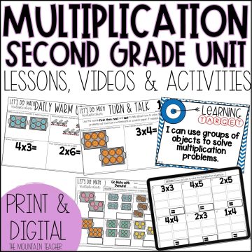 Multiplication Worksheets for Arrays, Repeated Addition, Number Line and Groups - Get students multiplying fluently with this NO PREP 2nd grade multiplication unit. Students will practice multiplication arrays, multiplying using groups of objects, repeated addition, multiplying on a number line, multiplication word problems through these sequential multiplication worksheets and activities. This 3 week multiplication unit includes 15 days of lesson plans, anchor charts, warm ups, turn and talks, worksheets, activities, and assessments.
