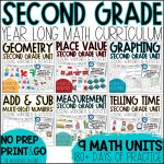 NO PREP 2nd Grade Curriculum | Math Worksheets and Activities YEAR BUNDLE - Get students LOVING math with this NO PREP year long 2nd grade math curriculum bundle. There are 9 fun 2nd grade math units included covering: place value, 2 and 3 digit addition and subtraction with regrouping, word problems, data and graphing, measurement, geometry, money, time, and multiplication.