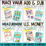 2nd Grade Math Centers and Hands on Activities for the YEAR - Looking for the BEST 2nd grade math centers for your classroom? These 42 hands on math activities are PERFECT for your classroom! Cover every standard including: place value, 2 digit addition and subtraction with regrouping, geometry, fractions, measurement, telling time, US money and multiplication.