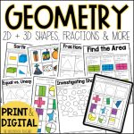 Geometry Worksheets and Activities for 1st, 2nd or 3rd Grade including 2D Shapes, 3D Shapes, Fractions, Symmetry and More