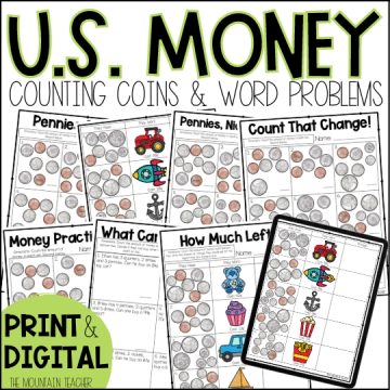 Us Money Worksheets and Activities for 1st, 2nd or 3rd Grade including Counting Coins and Two Step Money Word Problems