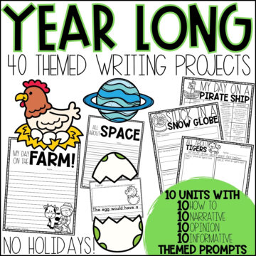 Year long writing prompts with fun themes including narrative, how to, informative and opinion templates and activities