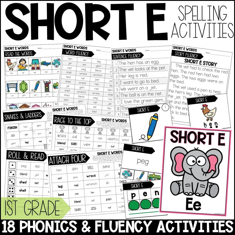 Short E CVC Activities and Worksheets for 1st Grade Phonics or Spelling Practice