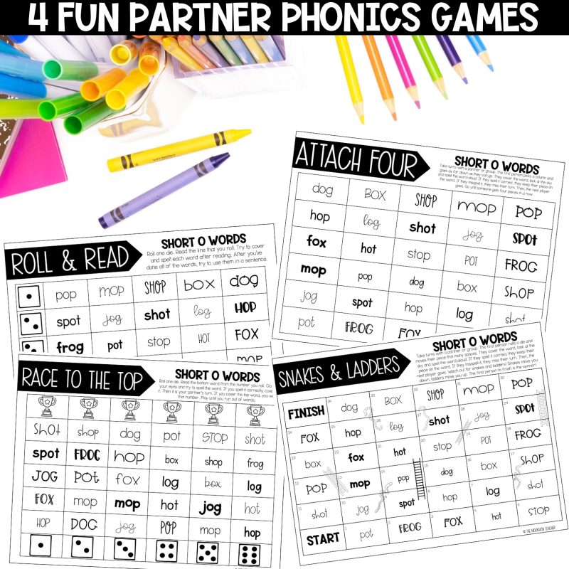 Short O CVC Activities and Worksheets for 1st Grade Phonics or Spelling Practice Partner Phonics Games