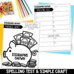 Digraphs CH WH Worksheets, Games and Activities 1st Grade Phonics or Spelling Spelling Test and Simple Craft
