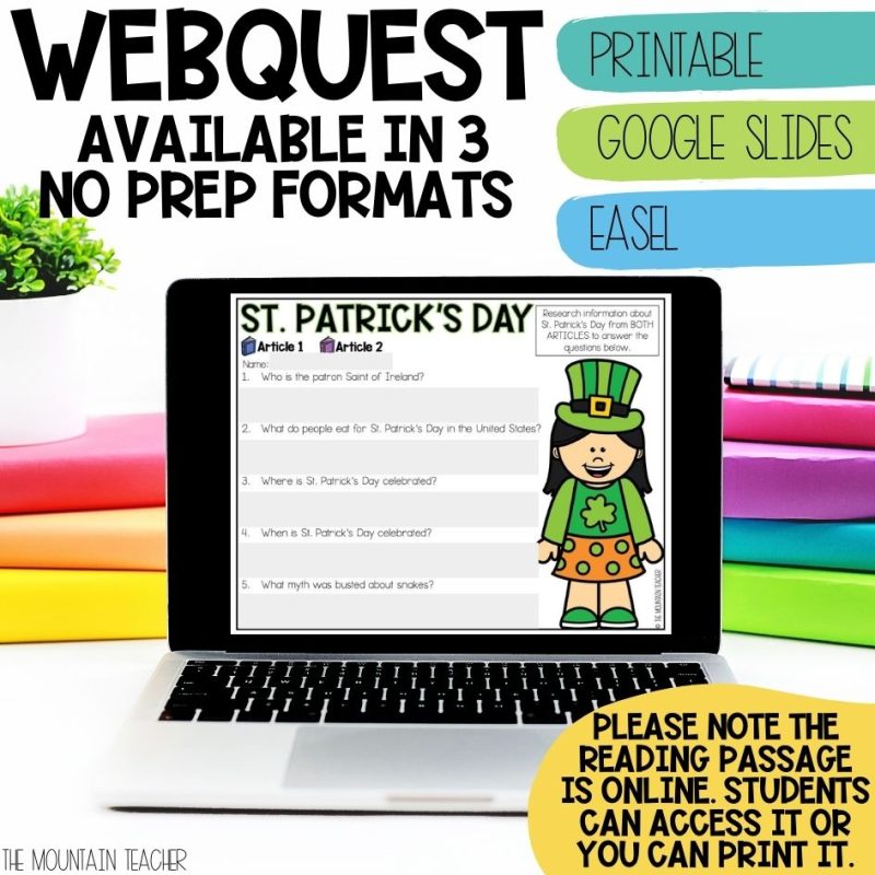St. Patrick's Day Webquest with Reading Comprehension Activities and Writing Crafts