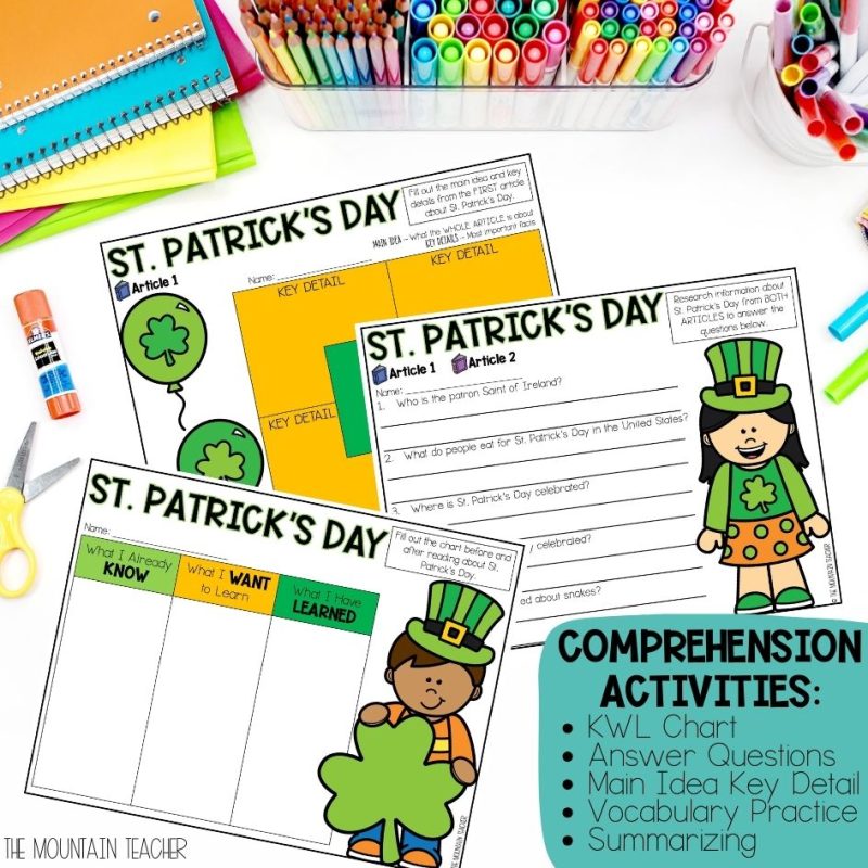 St. Patrick's Day Webquest with Reading Comprehension Activities and Writing Crafts