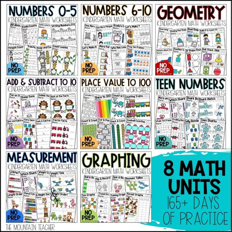 YEAR OF Kindergarten Math Worksheets, Lessons and Assessments Print and Go - 9 kinder units including numbers 0-5, numbers 6-10, geometry, add and subtract to 10, place value to 100, teen numbers, measurement, and sorting and graphing