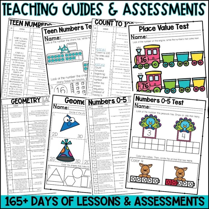 YEAR OF Kindergarten Math Worksheets, Lessons and Assessments Print and Go - teaching guides included as well as unit tests and benchmark assessments for the year