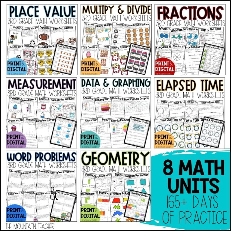 YEAR of 3rd Grade Math Worksheets and Lessons BUNDLE in Print and Digital - 8 units for third grade place value, multiplication and division, fractions, measurement, data and graphing, elapsed time, word problems and geometry