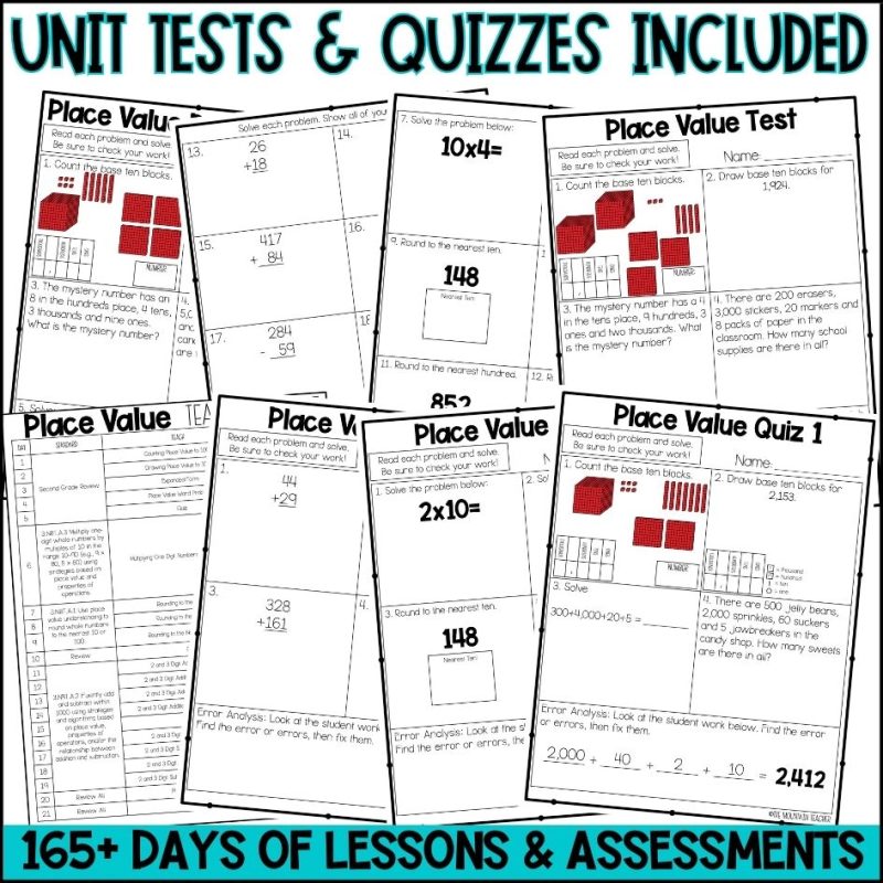 YEAR of 3rd Grade Math Worksheets and Lessons BUNDLE in Print and Digital - unit tests, weekly quizzes, benchmark assessments and teaching guides included